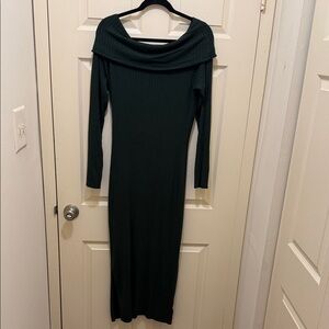 Off-Shoulder Ribbed Long Sleeve Dress in Dark Green